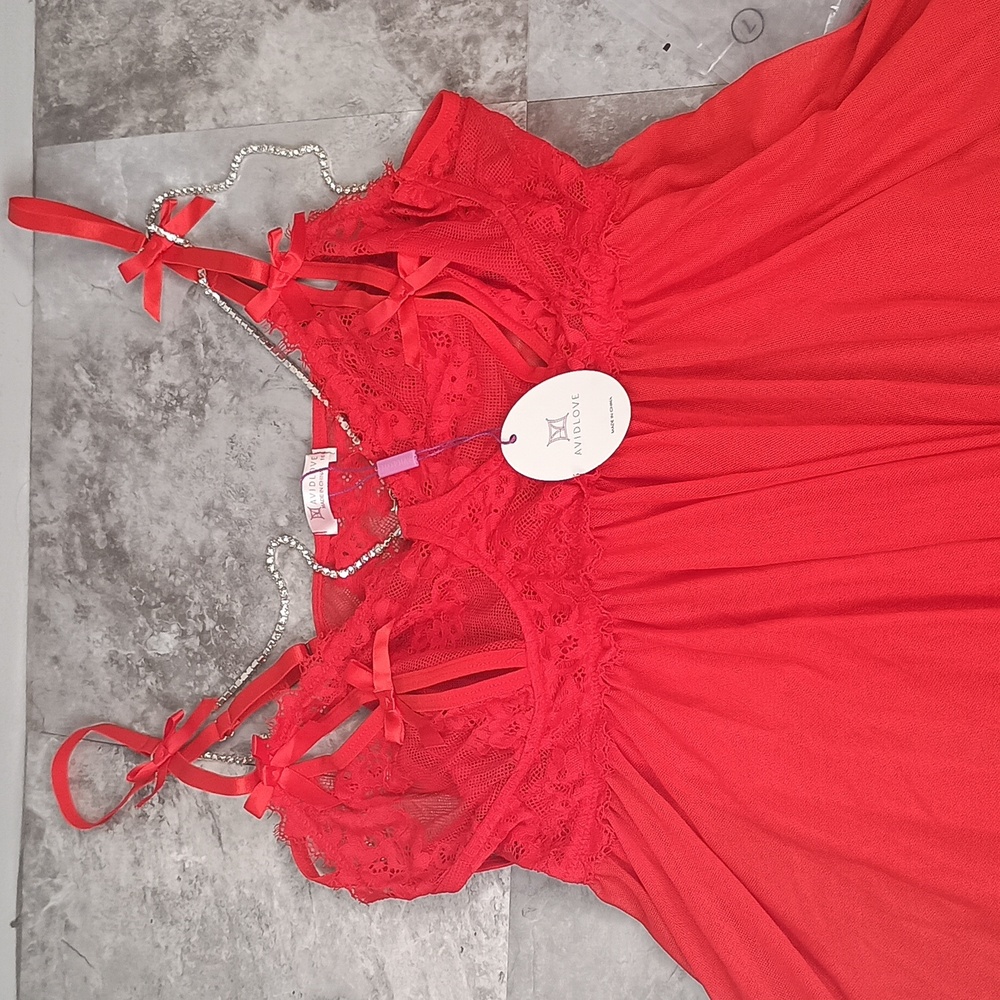 2pc Womens Plus Size Lace Babydoll Lingerie Strappy Chemise Nightie- Red - Picture 8 of 9